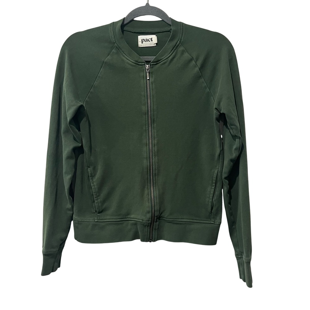 Pact Bomber Jacket Womens Small Green Organic Cotton Full Zip Raglan